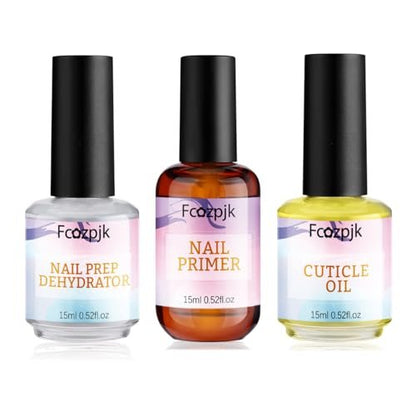Fcozpjk Nail Dehydrator & Primer Set with Cuticle Oil – Air Dry Bonding Primer for Acrylic Nails, Acid-Free Prep Dehydrator, Natural Cuticle Oil for Nails, Manicure Accessories (3-Pack)