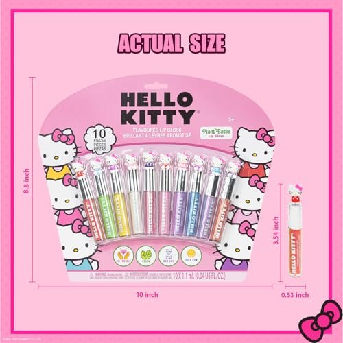 Hello Kitty 10 Piece Plant Based Lip Gloss Set - Girls Party Favors, First Makeup Kit for Kids Ages 3+ Avelisse