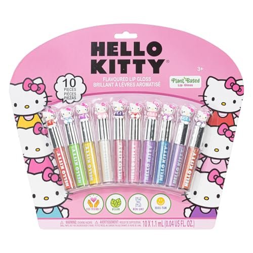 Hello Kitty 10 Piece Plant Based Lip Gloss Set - Girls Party Favors, First Makeup Kit for Kids Ages 3+ Avelisse
