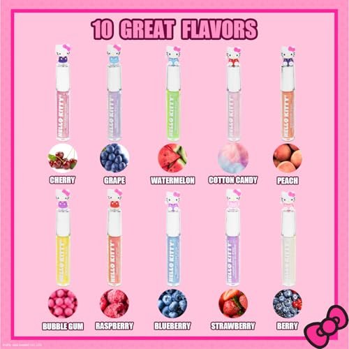 Hello Kitty 10 Piece Plant Based Lip Gloss Set - Girls Party Favors, First Makeup Kit for Kids Ages 3+ Avelisse