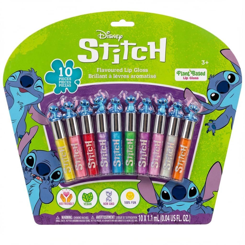 Disney Stitch 10-Piece Plant-Based Lip Gloss Set – Kids’ Makeup for Parties, Sleepovers & Birthday Gifts, Ages 3+ - görsel 1