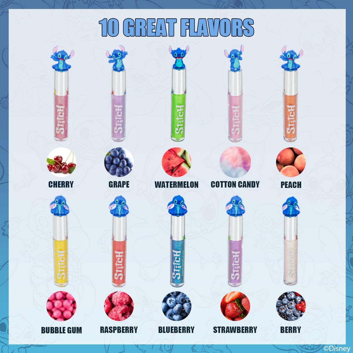 Disney Stitch 10-Piece Plant-Based Lip Gloss Set – Kids’ Makeup for Parties, Sleepovers & Birthday Gifts, Ages 3+ - görsel 3