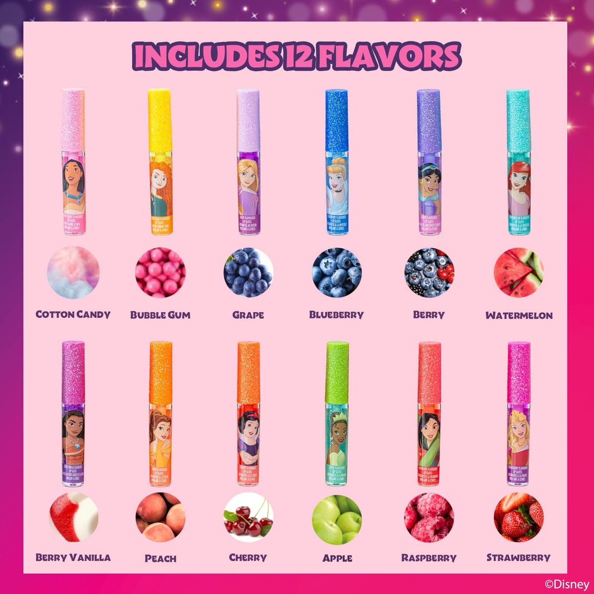 Disney Princess 12 Piece Plant Based Lip Gloss Set - Kids Makeup, Party Favors, Birthday Gifts for Girls Ages 3+ by Townley Girl - görsel 3
