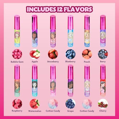 Barbie 12 Piece Plant Based Lip Gloss Set - Girls Party Favors, First Makeup for Kids Ages 3+, by Townley Girl