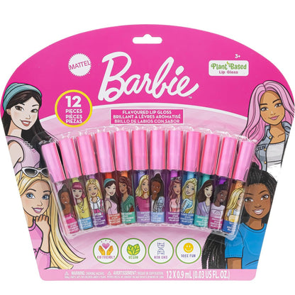 Barbie 12 Piece Plant Based Lip Gloss Set - Girls Party Favors, First Makeup for Kids Ages 3+, by Townley Girl