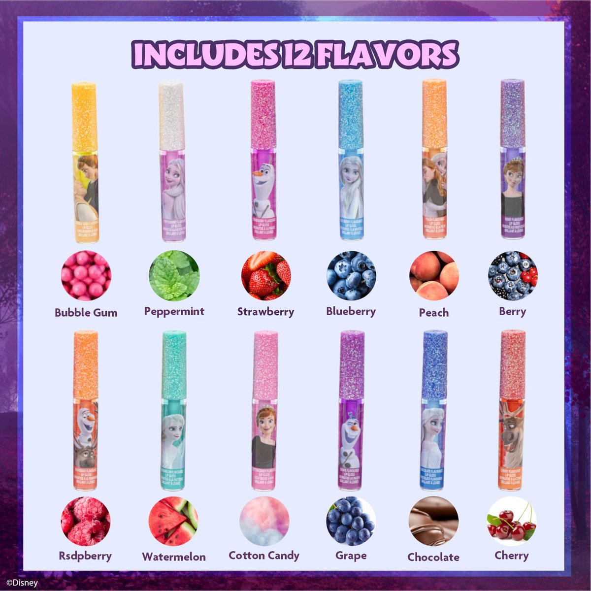 Disney Frozen 12 Piece Plant Based Lip Gloss Set - Girls Party Favors, First Makeup, Ages 3+ by Townley Girl Avelisse