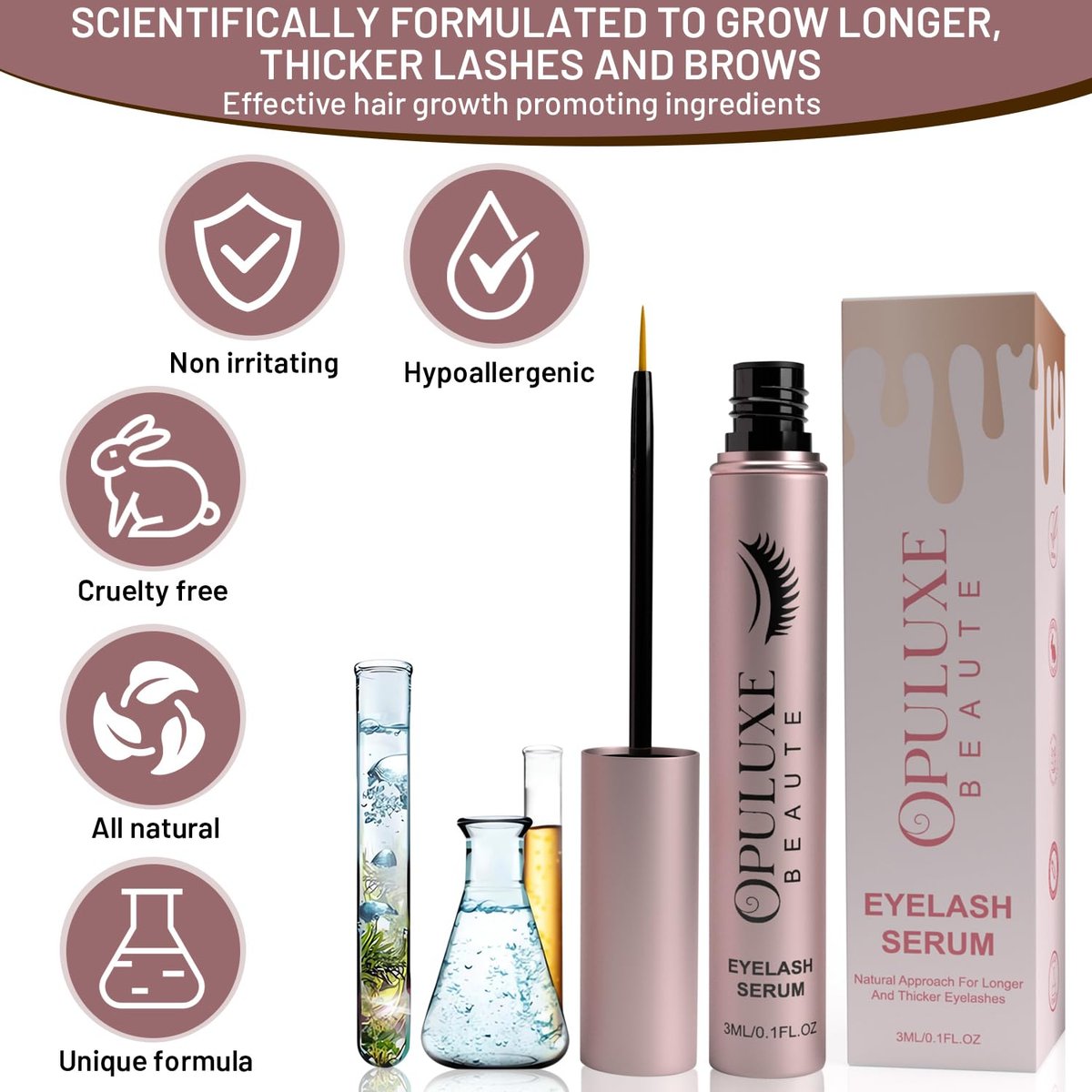 Opuluxe Beaute Eyelash Growth Serum – Vegan & Organic Formula for Thicker Lashes, Rose Gold - görsel 5