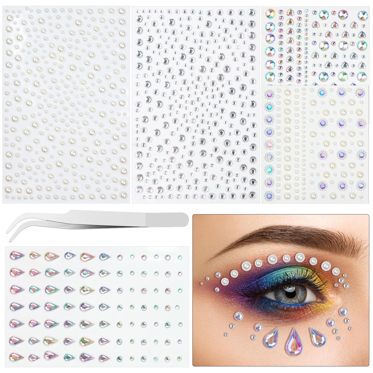 1034-Piece Self-Adhesive Face Gems & Pearls Set for Makeup - Festival Rhinestone Stickers for Face, Hair, Eye, Body by Riceduo - görsel 1