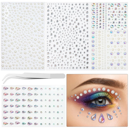 1034-Piece Self-Adhesive Face Gems & Pearls Set for Makeup - Festival Rhinestone Stickers for Face, Hair, Eye, Body by Riceduo