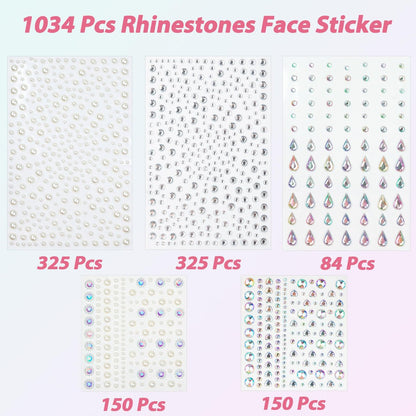 1034-Piece Self-Adhesive Face Gems & Pearls Set for Makeup - Festival Rhinestone Stickers for Face, Hair, Eye, Body by Riceduo