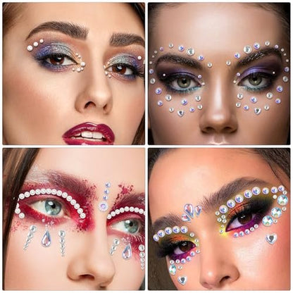 1034-Piece Self-Adhesive Face Gems & Pearls Set for Makeup - Festival Rhinestone Stickers for Face, Hair, Eye, Body by Riceduo