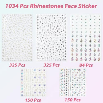 1034-Piece Self-Adhesive Face Gems & Pearls Set for Makeup - Festival Rhinestone Stickers for Face, Hair, Eye, Body by Riceduo