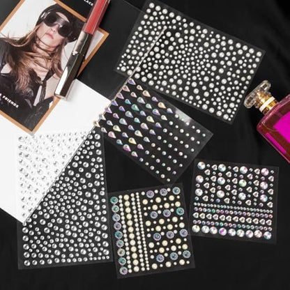 1034-Piece Self-Adhesive Face Gems & Pearls Set for Makeup - Festival Rhinestone Stickers for Face, Hair, Eye, Body by Riceduo