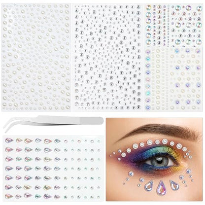 1034-Piece Self-Adhesive Face Gems & Pearls Set for Makeup - Festival Rhinestone Stickers for Face, Hair, Eye, Body by Riceduo
