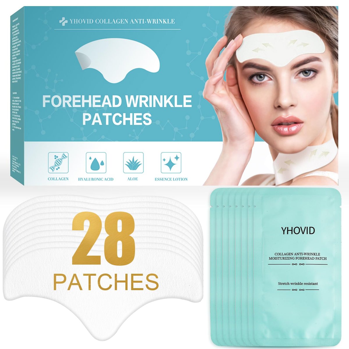 YHOVID 28 Pcs Forehead Wrinkle Patches - Anti Wrinkle Facial Patches with Collagen and Vitamin E for Overnight Use to Smooth Fine Frown Lines & Wrinkles - görsel 1