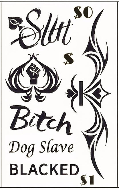 Queen of Spades Temporary Tattoos – 4 Sheets, 57 Counts, BDSM & Sexy Phrases