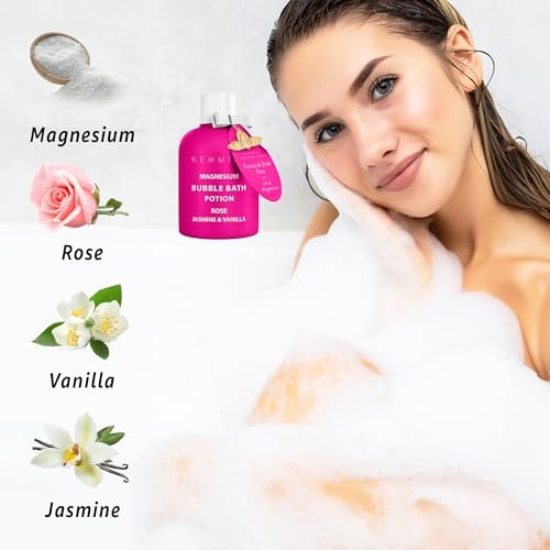 Magnesium Bubble Bath Rose Jasmine Vanilla – Long Lasting Foam, Epsom Salt for Sore Muscles, Moisturizing Relaxing Stress Relief Spa Gift for Women Avelisse