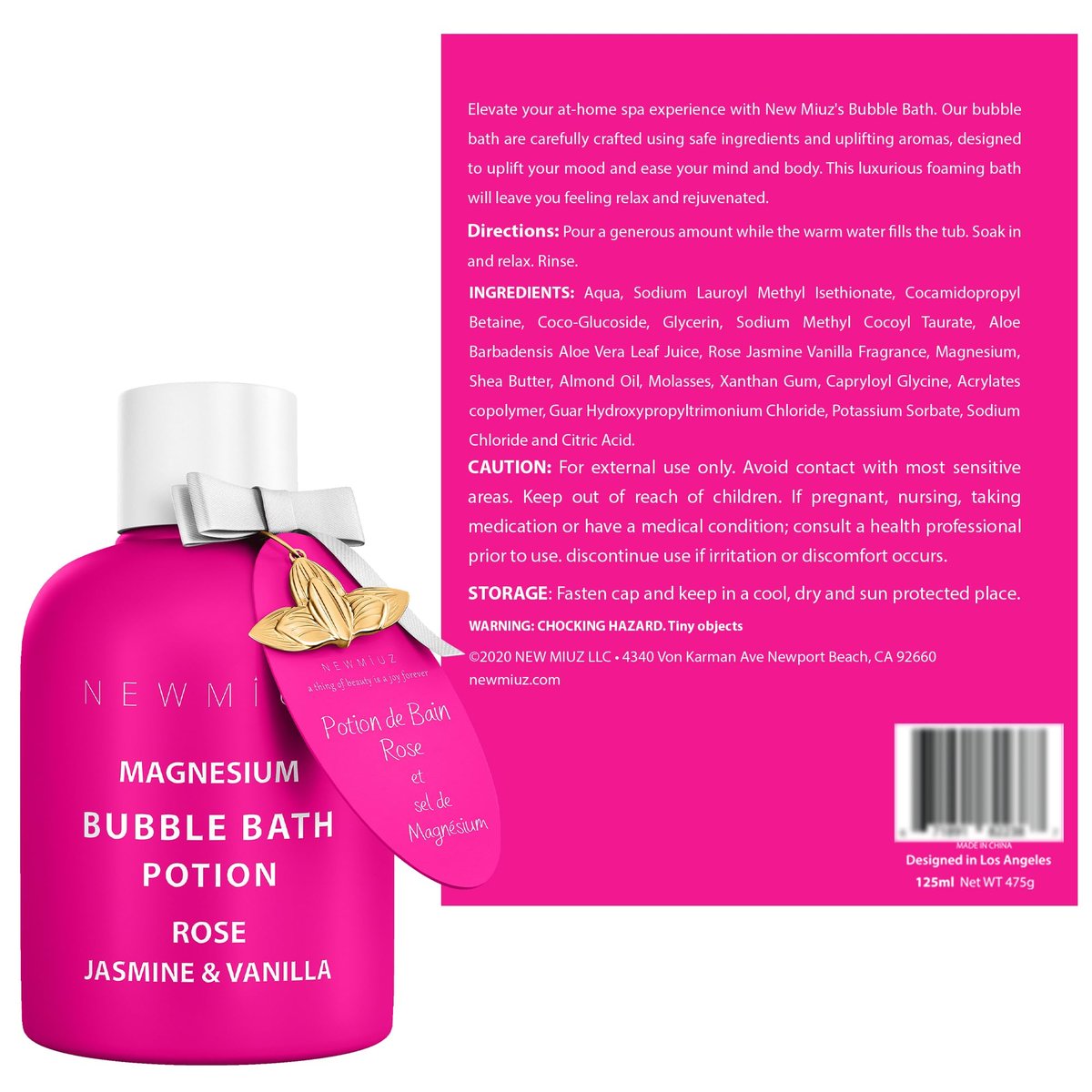 Magnesium Bubble Bath Rose Jasmine Vanilla – Long Lasting Foam, Epsom Salt for Sore Muscles, Moisturizing Relaxing Stress Relief Spa Gift for Women Avelisse