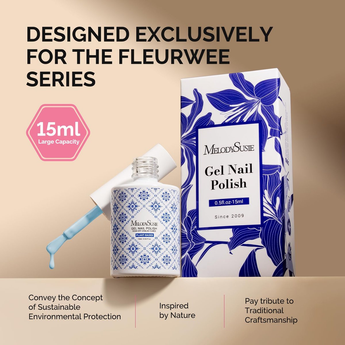 MelodySusie Fleurwee Plant Based Gel Nail Polish - Hema Free Light Blue Soak Off UV LED Gel - Non Toxic Long Lasting Nail Art for Salon or DIY at Home (P06 Ixia Viridiflora Blue) - görsel 11