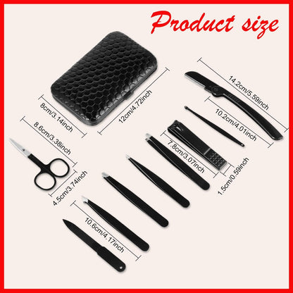 Yougai Professional Tweezers and Nail Clippers Set – 9-Piece Stainless Steel Precision Grooming Kit with Curved Scissors, Eyebrow Razor, and Leather Travel Case