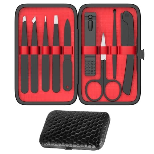 Yougai Professional Tweezers and Nail Clippers Set – 9-Piece Stainless Steel Precision Grooming Kit with Curved Scissors, Eyebrow Razor, and Leather Travel Case - görsel 2