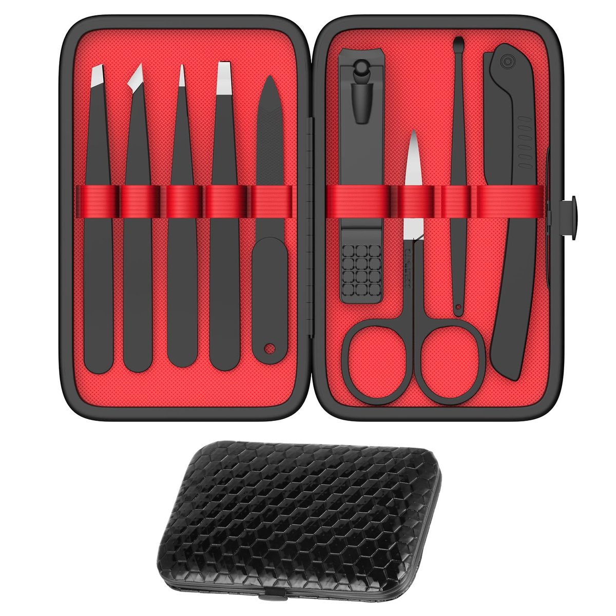 Yougai Professional Tweezers and Nail Clippers Set – 9-Piece Stainless Steel Precision Grooming Kit with Curved Scissors, Eyebrow Razor, and Leather Travel Case - görsel 1