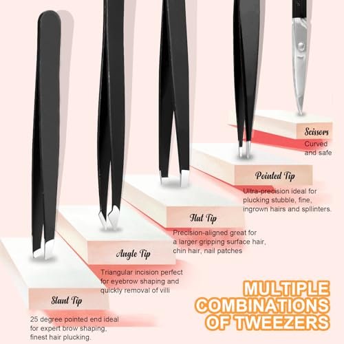 Yougai Professional Tweezers and Nail Clippers Set – 9-Piece Stainless Steel Precision Grooming Kit with Curved Scissors, Eyebrow Razor, and Leather Travel Case - görsel 4