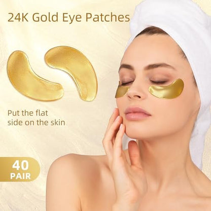 USTELIR Under Eye Patches – 40 Pairs 24K Gold Eye Mask for Dark Circles, Puffy Eyes, Wrinkles & Under-Eye Bags – Skin Care Treatment for Men & Women