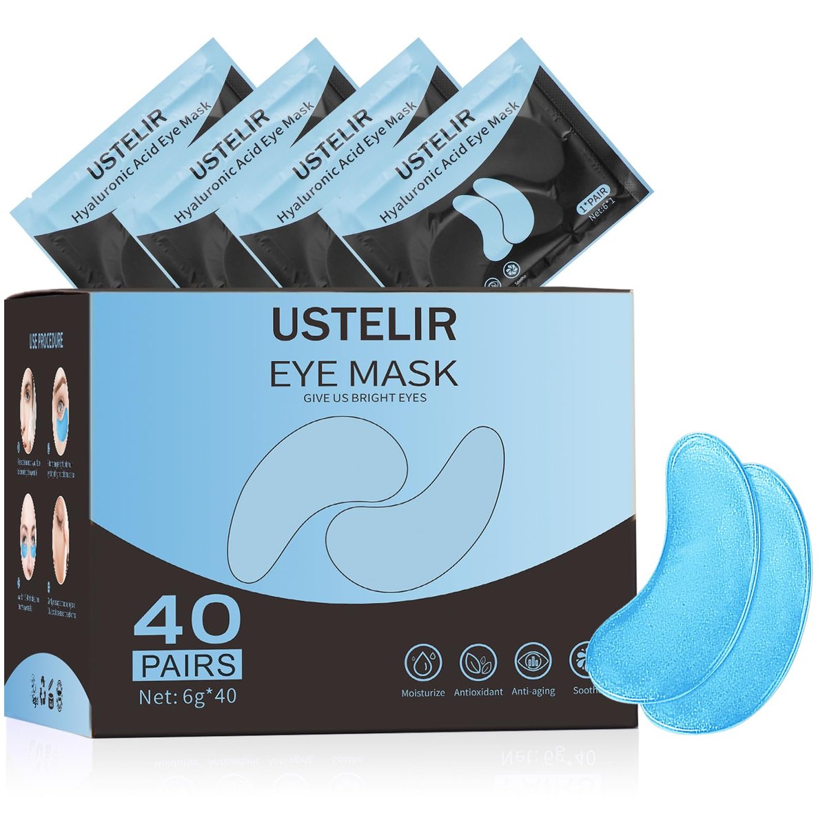USTELIR Under Eye Patches – 40 Pairs Eye Mask for Dark Circles, Puffy Eyes, Undereye Bags & Wrinkles with Hyaluronic Acid – Eye Treatment Skin Care for Men & Women - görsel 1