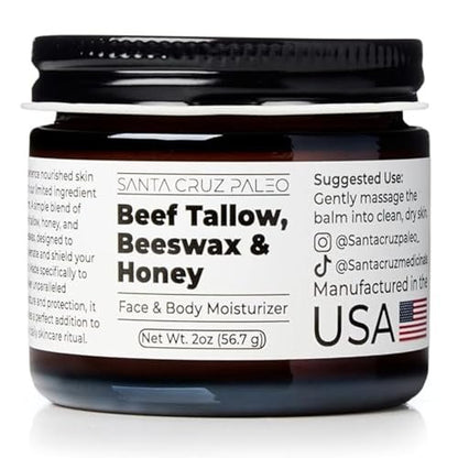 Santa Cruz Paleo Beef Tallow, Beeswax & Honey Face Moisturizer – Organic, Unscented Grassfed Tallow Skin Care, Non-Comedogenic Moisturizer for Sensitive Skin, 2 Oz Avelisse