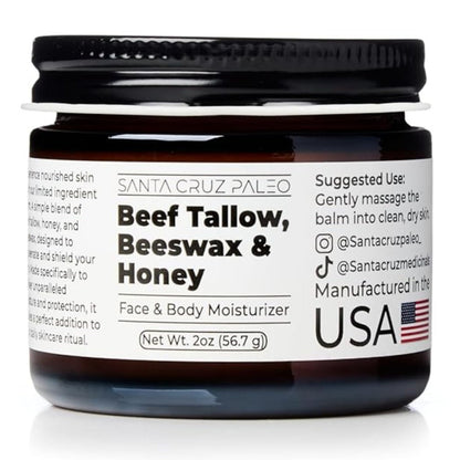 Santa Cruz Paleo Beef Tallow, Beeswax & Honey Face Moisturizer – Organic, Unscented Grassfed Tallow Skin Care, Non-Comedogenic Moisturizer for Sensitive Skin, 2 Oz Avelisse