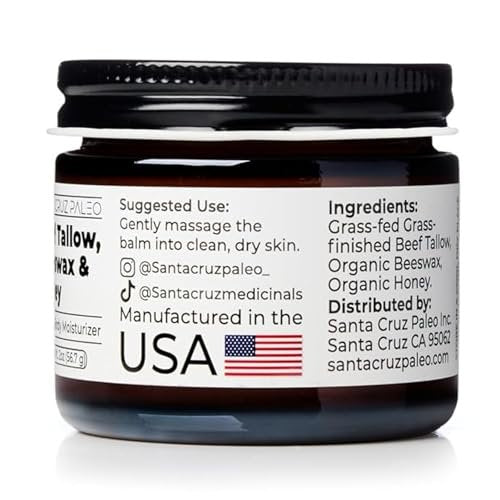 Santa Cruz Paleo Beef Tallow, Beeswax & Honey Face Moisturizer – Organic, Unscented Grassfed Tallow Skin Care, Non-Comedogenic Moisturizer for Sensitive Skin, 2 Oz Avelisse