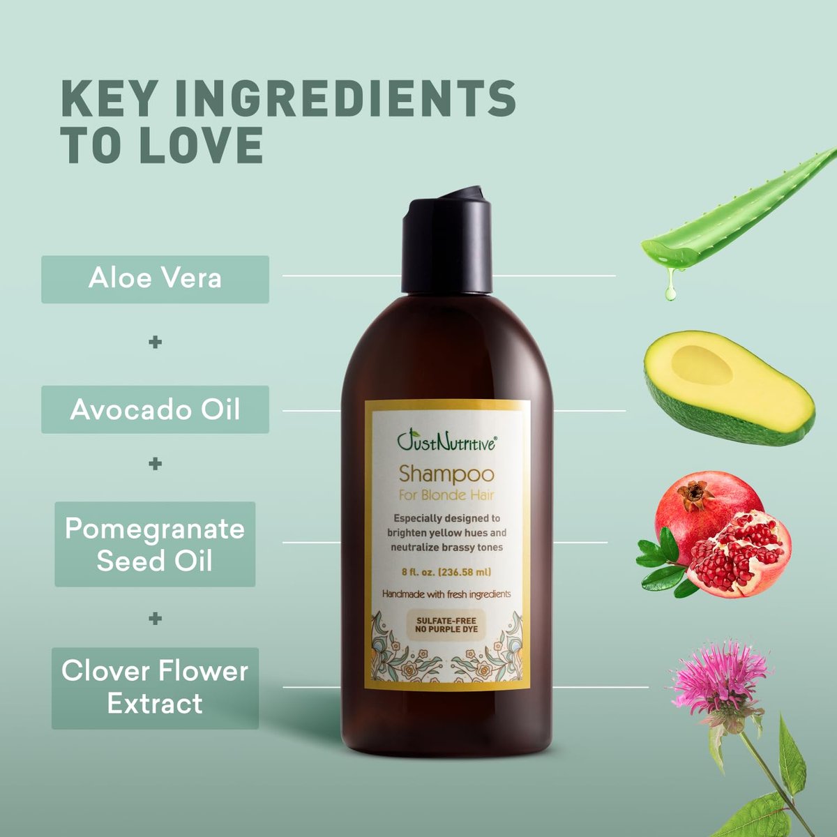 Just Nutritive Shampoo for Blonde Natural & Color-Treated Hair - Neutralize Brassy Tones, Paraben Free, 8 oz Avelisse