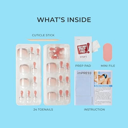 imPRESS Paradise Ticket No Glue Pedi Press-On Nails – Short Squoval, Light Beige, 24 Nails