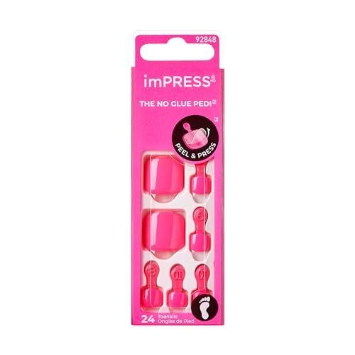 KISS imPRESS No Glue Pedi Press-On Nails, 'Time After Time' Medium Pink, Short Squoval, 24 Nails Avelisse
