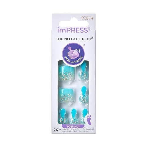 KISS imPRESS No Glue Pedi Press-On Nails - 'Last Flowers' Design, Medium Blue, Short Squoval Shape, 24 Nails - görsel 2