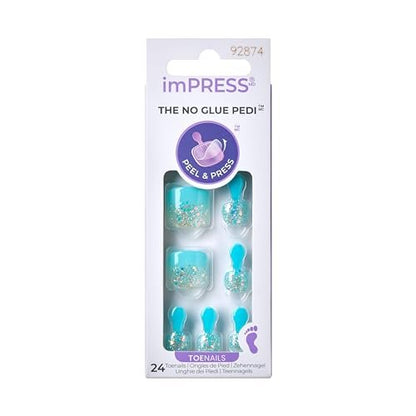 KISS imPRESS No Glue Pedi Press-On Nails - 'Last Flowers' Design, Medium Blue, Short Squoval Shape, 24 Nails