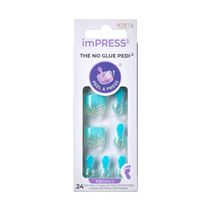 KISS imPRESS No Glue Pedi Press-On Nails - 'Last Flowers' Design, Medium Blue, Short Squoval Shape, 24 Nails