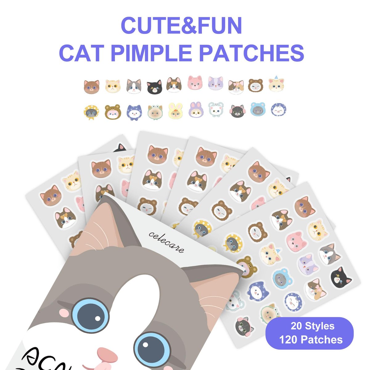 CELECARE Cat Pimple Patches - 120 Cute Acne Patches with Salicylic Acid & Tea Tree, Hydrocolloid Dots for Face, 20 Colors Avelisse