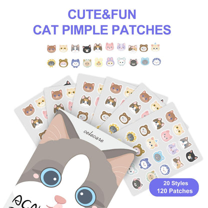 CELECARE Cat Pimple Patches - 120 Cute Acne Patches with Salicylic Acid & Tea Tree, Hydrocolloid Dots for Face, 20 Colors Avelisse