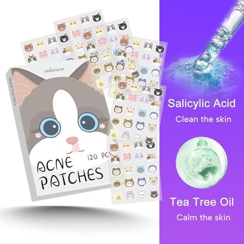 CELECARE Cat Pimple Patches - 120 Cute Acne Patches with Salicylic Acid & Tea Tree, Hydrocolloid Dots for Face, 20 Colors Avelisse