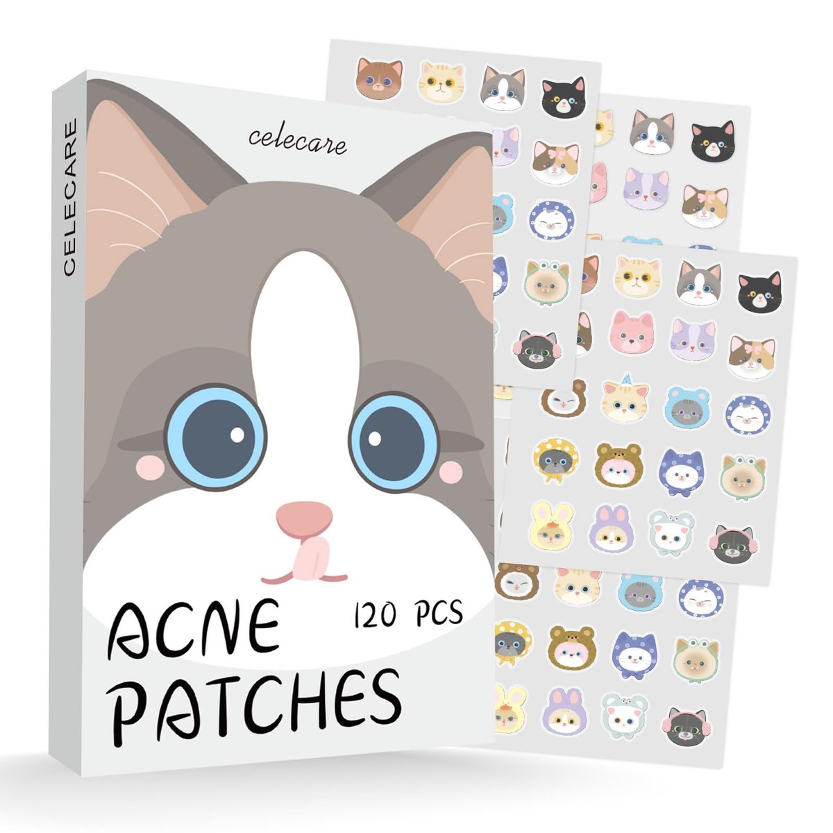 CELECARE Cat Pimple Patches - 120 Cute Acne Patches with Salicylic Acid & Tea Tree, Hydrocolloid Dots for Face, 20 Colors Avelisse