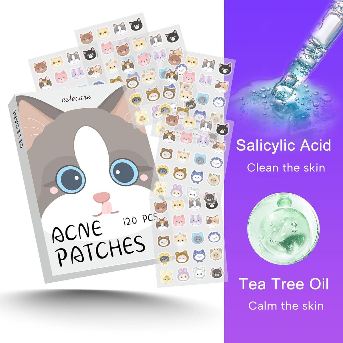 CELECARE Cat Pimple Patches - 120 Cute Acne Patches with Salicylic Acid & Tea Tree, Hydrocolloid Dots for Face, 20 Colors Avelisse