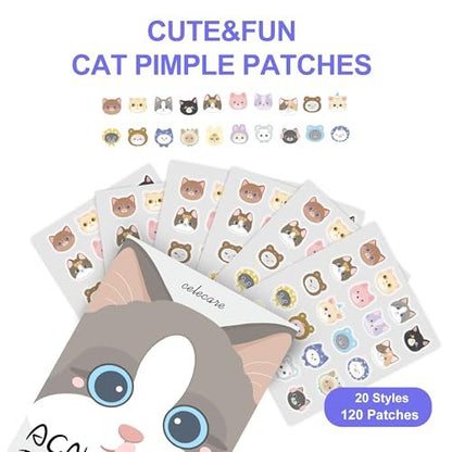 CELECARE Cat Pimple Patches - 120 Cute Acne Patches with Salicylic Acid & Tea Tree, Hydrocolloid Dots for Face, 20 Colors Avelisse