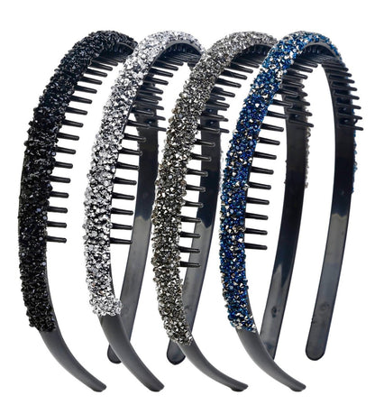 Huachi 4-Pack Fashion Rhinestone Headband for Women – Non-Slip Comb Headbands with Teeth, Crystal Diamond Hairband, Sparkly Hair Accessories (Black, Gray, Silver, Navy)