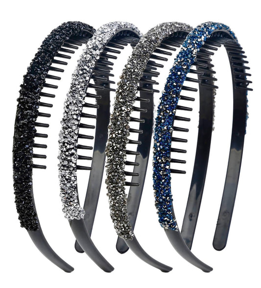Huachi 4-Pack Fashion Rhinestone Headband for Women – Non-Slip Comb Headbands with Teeth, Crystal Diamond Hairband, Sparkly Hair Accessories (Black, Gray, Silver, Navy)