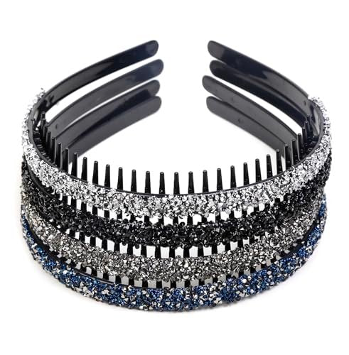 Huachi 4-Pack Fashion Rhinestone Headband for Women – Non-Slip Comb Headbands with Teeth, Crystal Diamond Hairband, Sparkly Hair Accessories (Black, Gray, Silver, Navy) - görsel 4