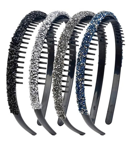 Huachi 4-Pack Fashion Rhinestone Headband for Women – Non-Slip Comb Headbands with Teeth, Crystal Diamond Hairband, Sparkly Hair Accessories (Black, Gray, Silver, Navy)