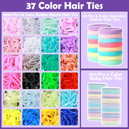 Auroray 1784 Pcs Hair Ties Set for Girls – 24 Colors Rubber Bands with Organizer Box & Elastic Cutter Scissors