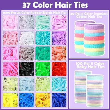 Auroray 1784 Pcs Hair Ties Set for Girls – 24 Colors Rubber Bands with Organizer Box & Elastic Cutter Scissors